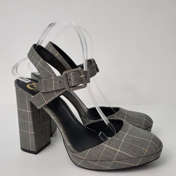 GIANNI BINI Plaid Platform Heels Womens 9.5 Gray Black Plaid High Closed Toe - Picture 1 of 10